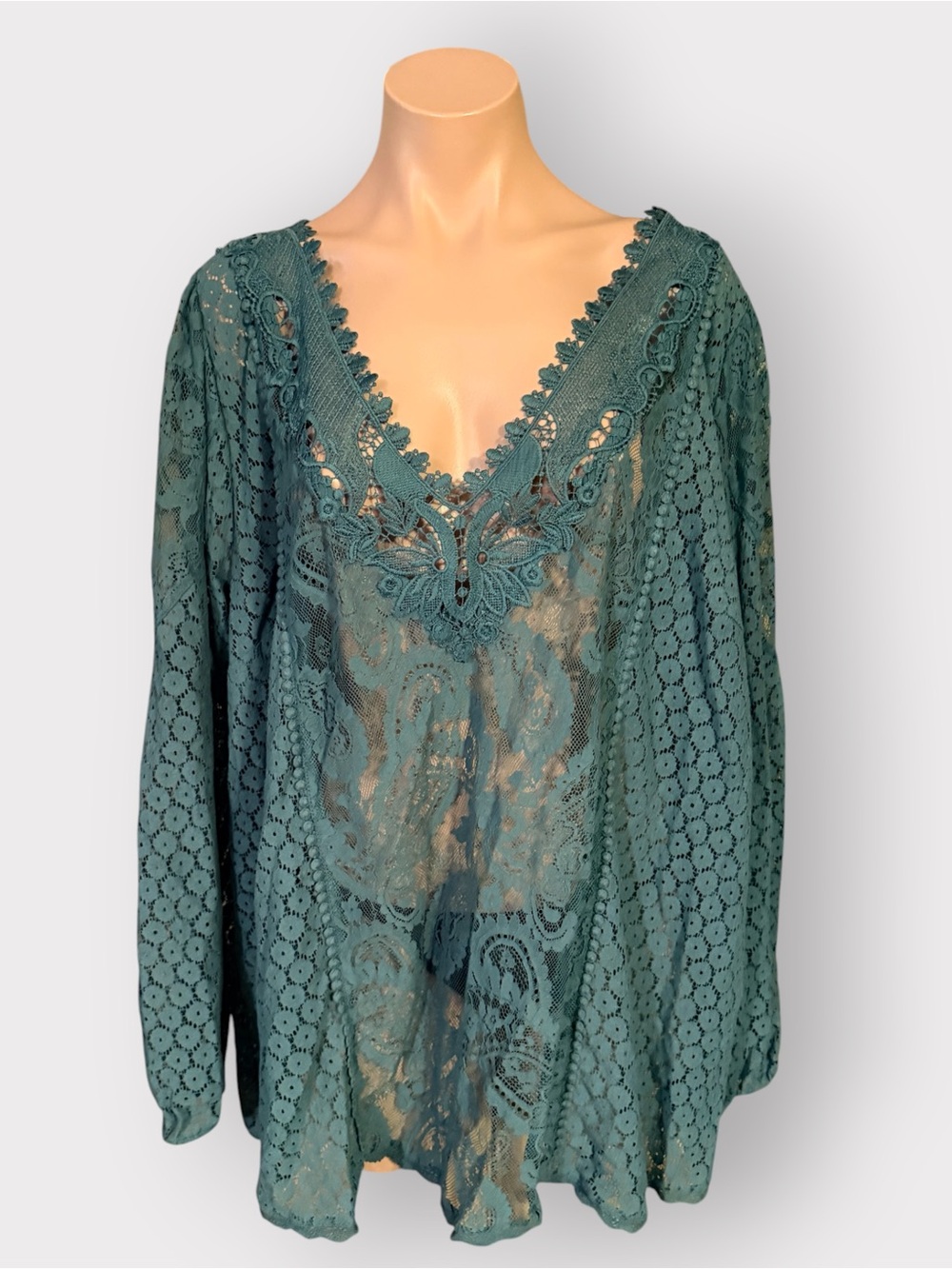 Torrid Women’s 3X Green Sheer Mixed Floral Lace V Neck Long Sleeve Boho Blouse